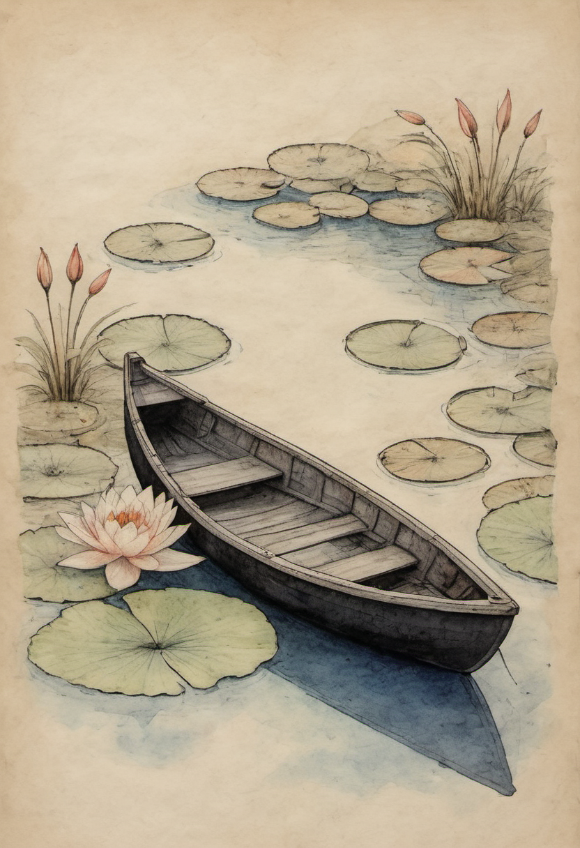 black ink outline and watercolor on parchment rowboat on a still pond with lily pads and koi fish