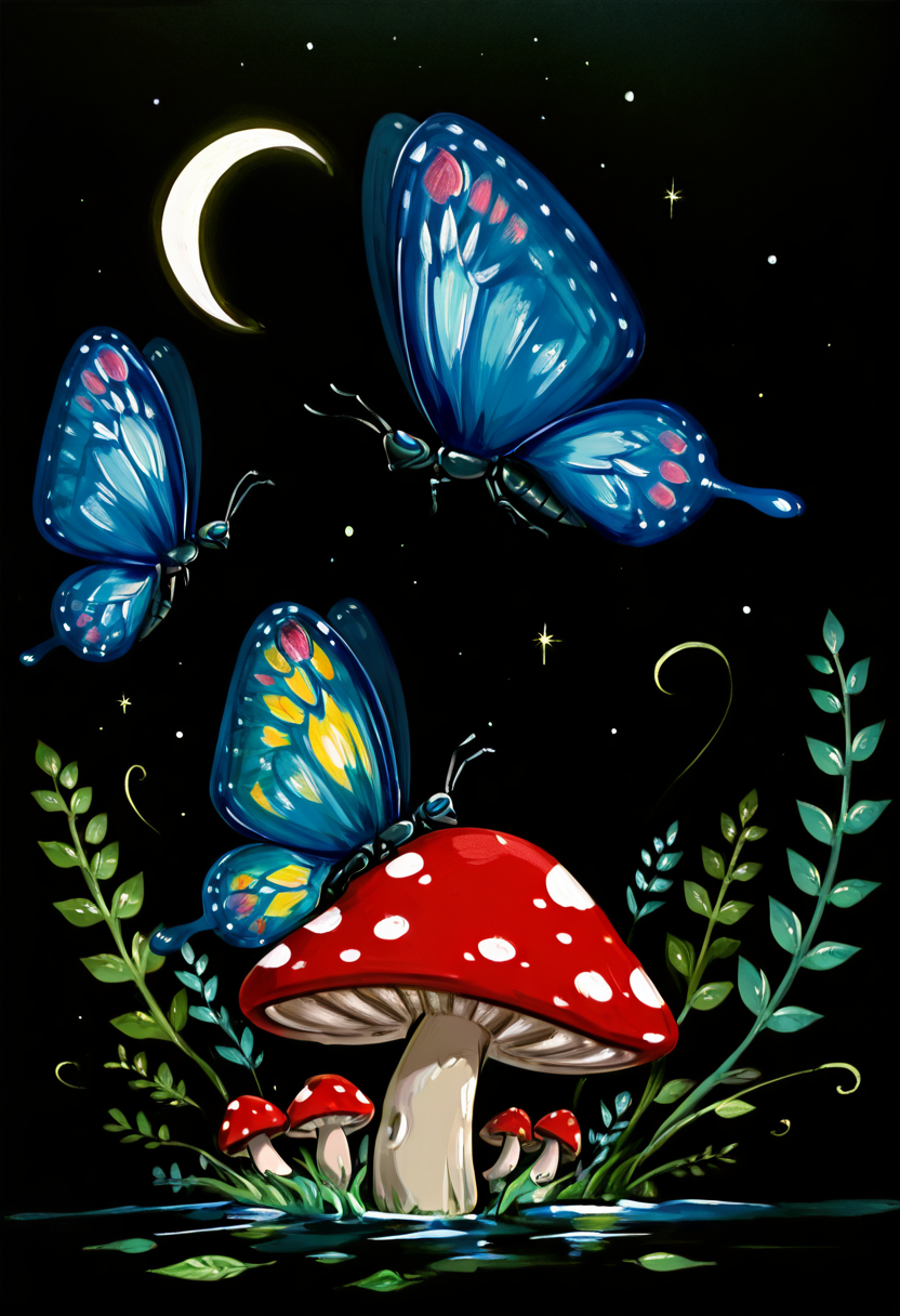 masterpiece, best quality,  <lora:StylizedNightscape_IXL:1.0>,   N1ght, simple background, flower, water, leaf, moon, bug, plant, black background, butterfly, star (sky), mushroom, crescent moon