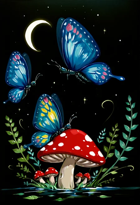 masterpiece, best quality, <lora:StylizedNightscape_IXL:1.0>, N1ght, simple background, flower, water, leaf, moon, bug, plant, black background, butterfly, star (sky), mushroom, crescent moon