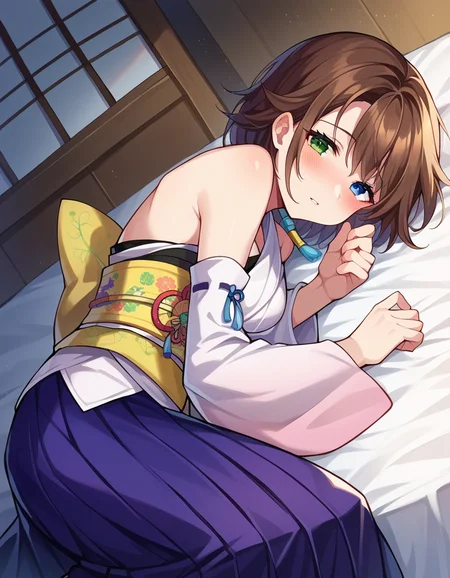 score_9, score_8_up, score_7_up, source_anime,
ffyuna, <lora:ff-yuna-ponyxl-lora-nochekaiser:1>,
yuna, blue eyes, brown hair, green eyes, hair ornament, heterochromia, short hair, mature female,
bare shoulders, detached sleeves, hakama, hakama skirt, japanese clothes, purple hakama, skirt, obi, sash, side slit, wide sleeves, white shirt,
indoors, bed, bed room, on side, blush, drunk,
looking at viewer, cowboy shot, dutch angle,