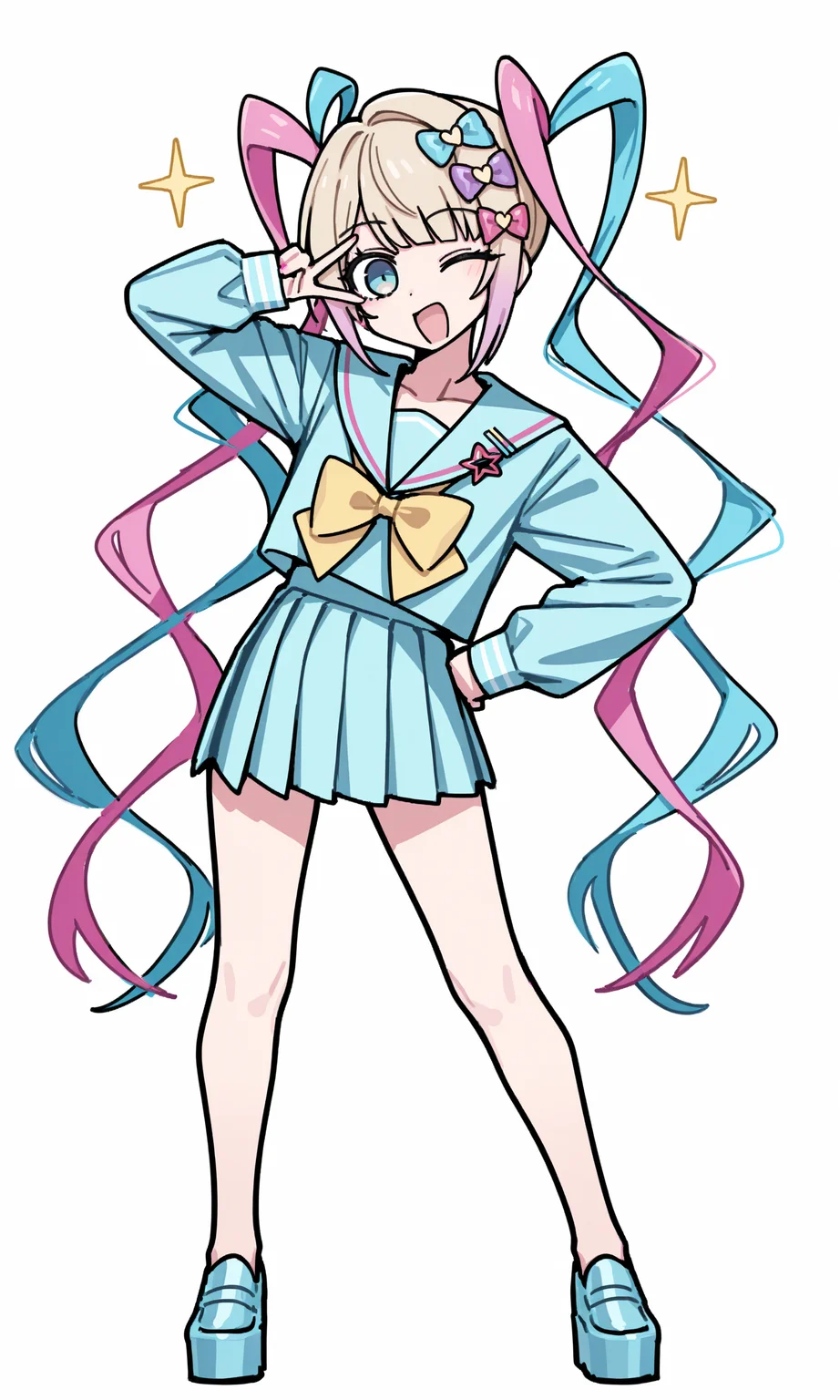 chouzetsusaikawa tenshi-chan, 1girl, solo, long hair, looking at viewer, smile, open mouth, blue eyes, simple background, shirt, skirt, blonde hair, long sleeves, white background, bow, very long hair, twintails, standing, blue hair, school uniform, full body, pink hair, multicolored hair, heart, hair bow, pleated skirt, one eye closed, serafuku, sailor collar, blue skirt, sketch, hand on own hip, v, sparkle, blue bow, blue shirt, pink bow, yellow bow, purple bow, blue footwear, platform footwear, multiple hair bows, v over eye, quad tails,
rating safe, caststation illu,
masterpiece, best quality, amazing quality, highres, newest,  <lora:[illustrious]_caststation_illustration_v1_(MikuMasterRace):1.0>