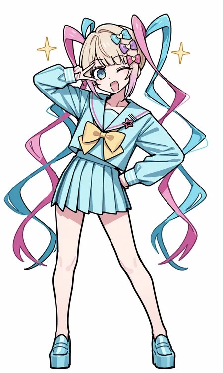 chouzetsusaikawa tenshi-chan, 1girl, solo, long hair, looking at viewer, smile, open mouth, blue eyes, simple background, shirt, skirt, blonde hair, long sleeves, white background, bow, very long hair, twintails, standing, blue hair, school uniform, full body, pink hair, multicolored hair, heart, hair bow, pleated skirt, one eye closed, serafuku, sailor collar, blue skirt, sketch, hand on own hip, v, sparkle, blue bow, blue shirt, pink bow, yellow bow, purple bow, blue footwear, platform footwear, multiple hair bows, v over eye, quad tails,
rating safe, caststation illu,
masterpiece, best quality, amazing quality, highres, newest,  <lora:[illustrious]_caststation_illustration_v1_(MikuMasterRace):1.0>