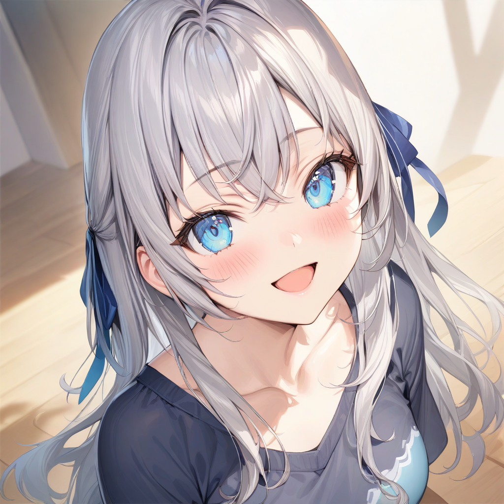 (masterpiece),(best quality),(ultra-detailed),(best illustration),(best shadow),(absurdres),(detailed background),(very aesthetic), alya(roshidere), 1girl, blue eyes, solo, looking at viewer, smile, long hair, hair ribbon, ribbon, blush, hair between eyes,  bangs, grey hair, collarbone, open mouth<lora:XL-Alya(roshidere):1>