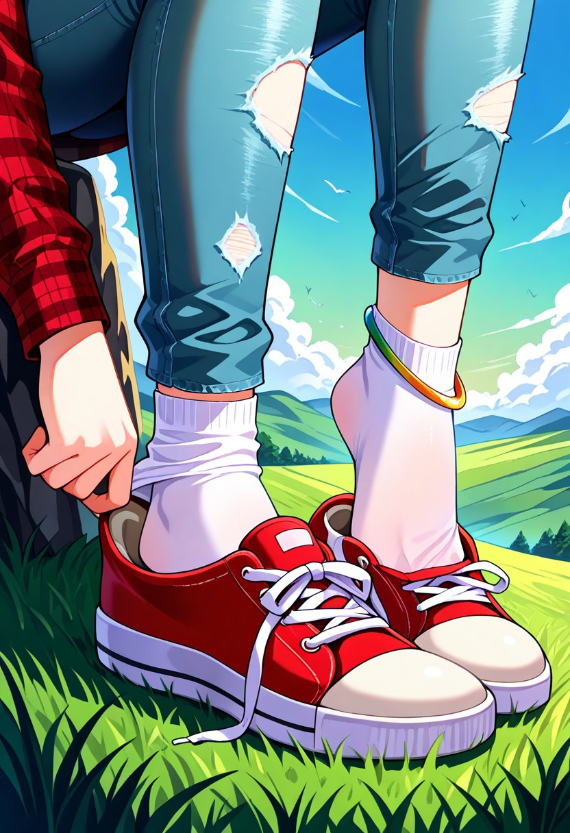 (1girl), solo, sitting on meadow, sky with clouds and a rainbow, colorful, close_up, red_hair, flannel_shirt, torn_jeans,  age_20, mature_female, earrings, removing_shoes,  holding_shoe, white_socks, anklet, sneakers, red_sneakers,  feet_focus, no_shoes