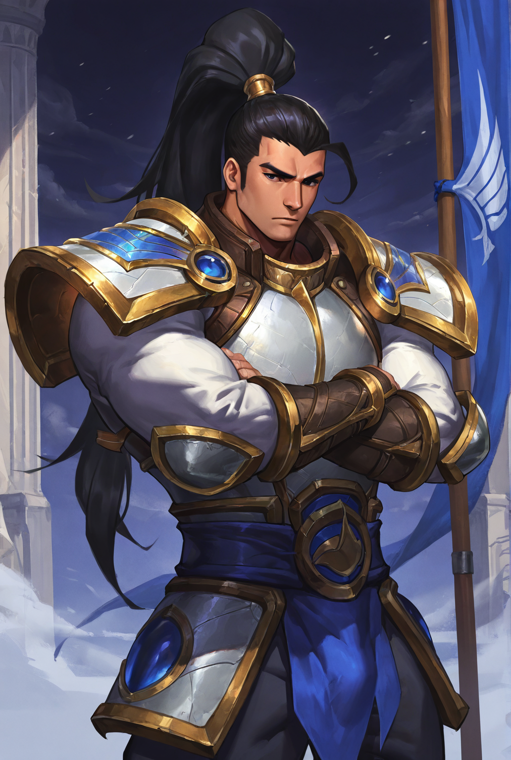 score_9,score_8_up,score_7_up,best quality,ultra-detailed,high resolution,digital painting,8k,1boy,solo,cowboy shot,male focus,bara,detailed face,ponytail,armor,black hair,long hair,shoulder armor,pauldrons,standing,crossed arms,flag,<lora:add-detail-xl:1>,<lora:XinZhao LOL:0.7>,xinzhao lol,