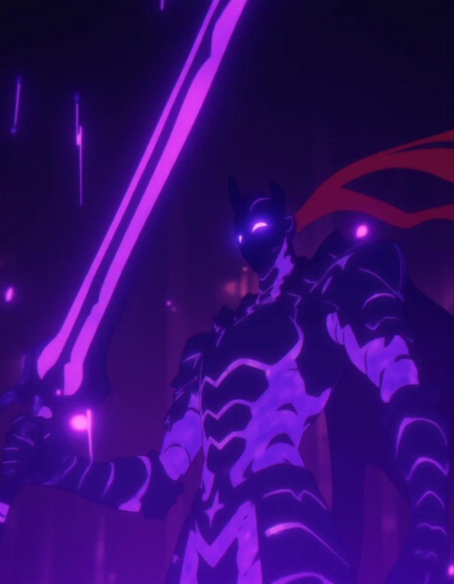 <lora:Solo_by_Readandsign_rank8_bf16:1>violet Igris. This image is a digital drawing in a vibrant anime style, featuring a powerful, armored figure against a dark, ethereal background. The central character is a male warrior, depicted with a menacing, helmet-like headpiece that is dark and featureless, giving off an ominous aura. His armor is highly detailed, with jagged, glowing purple lines that outline the segmented plates, creating a sense of strength and menace. The armor's texture is smooth, with a slight metallic sheen, and it appears to be infused with a mystical energy, as indicated by the glowing purple light emanating from its surface. long red hair ponytale
The warrior's shoulders are adorned with large, spiked shoulder pads, and his right arm is raised slightly, revealing a long, curved sword that glows with a similar purple light. His left arm is positioned near his waist, holding a smaller, glowing sword. The background is a gradient of deep purple and black, with streaks of bright, glowing purple light adding to the mystical atmosphere. There are also faint, glowing orbs scattered throughout the background, enhancing the otherworldly feel of the scene. The overall composition and color palette evoke a sense of power and mystery, typical of many fantasy anime works.
