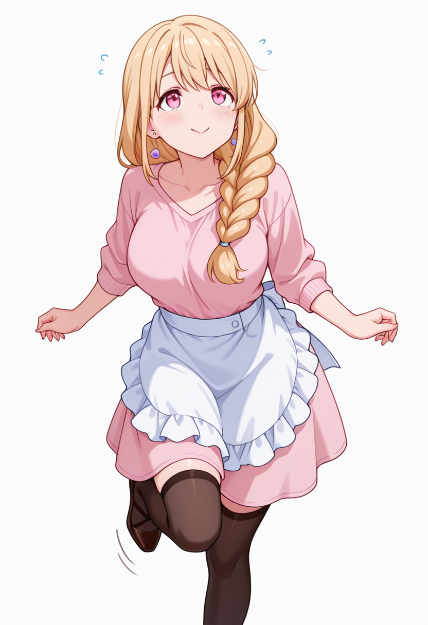 masterpiece,high quality details, absurdres,
 <lora:Yuriko:0.8>
yuriko_cnr, 1girl, blonde hair, long hair, single braid, pink eyes, mole, mole under eye,earrings,mature female,, simple background, white background, front view,solo,, blush,scared,, c:,, legs bent mid-air,standing with weight on one leg,looking up,, peacoat  ,waist apron,panel skirt,  ,var-legwear,