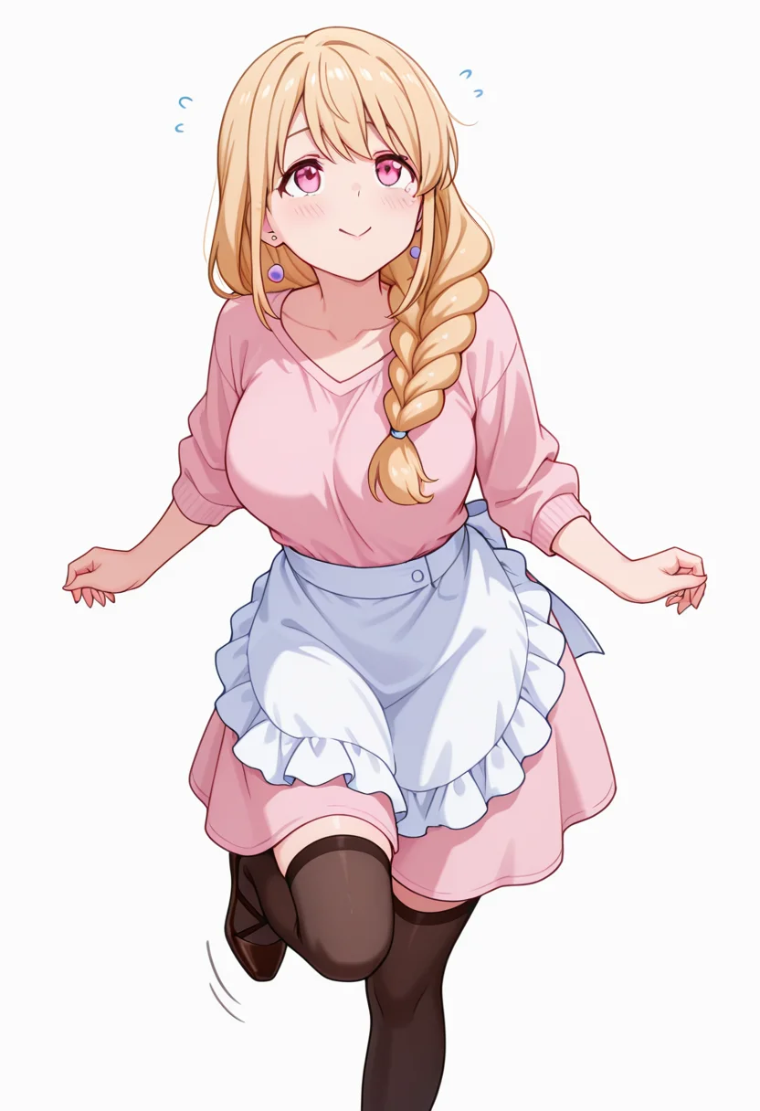 masterpiece,high quality details, absurdres,
<lora:Yuriko:0.8>
yuriko_cnr, 1girl, blonde hair, long hair, single braid, pink eyes, mole, mole under eye,earrings,mature female,, simple background, white background, front view,solo,, blush,scared,, c:,, legs bent mid-air,standing with weight on one leg,looking up,, peacoat ,waist apron,panel skirt, ,var-legwear,