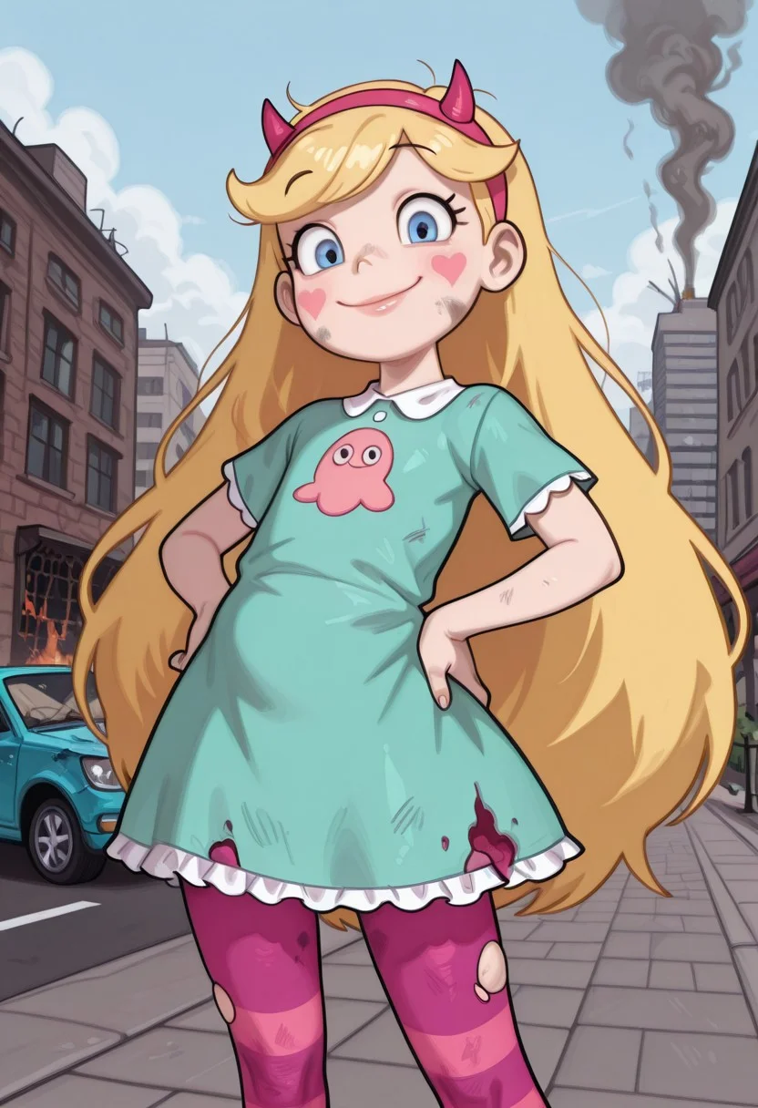 score_9, score_8_up. score_7_up, masterpiece, detailed nose, detailed lips, perfect face, young face,perfecteyes,1 girl, flat chest,solo, star butterfly, 1girl, blonde hair, horned headwear, hairband, long hair, solo, heart marks on cheeks, blue eyes, facial mark, very long hair,teal dress,(((purple and pink striped pantyhose))), blush stickers,(front view),standing, on asphalt street, sidewalk,city, afternoon, looking down at viewer, ((low angle)),((wide smile)),glossy pink lips,(wide open eyes),closed mouth,far view,((facing viewer)), smile,flat stomach,((pink squid on dress chest)),fingernails,view from below,((smoke)), ((damaged burning building)),day,clouds,car on fire,car flipped over,(trees,grass),hands on hips,messy hair, ripped leggings,ripped dress,bruises,tear showing abdomen,(dirty,dirty hair,dirty dress,dirty leggings),hole in leggings,legs apart,white collar,white frill,