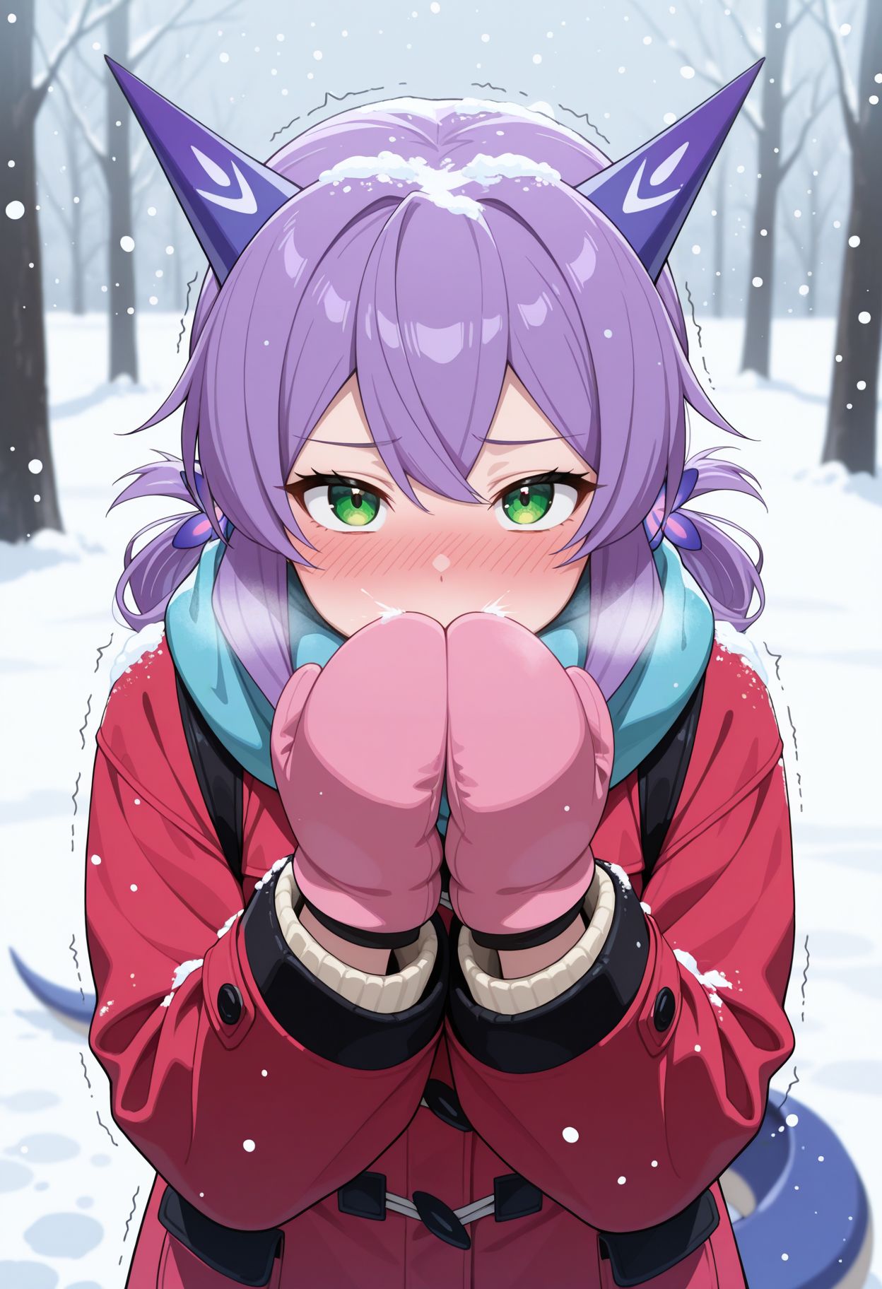 masterpiece,best quality,absurdres,highres,very aesthetic,high quality,detailed,insanely detailed,beautiful,perfect lighting, looking at viewer,
, <lora:Flatorte illu:0.9> 1girl, purple hair, long hair, green eyes, hair ornament, dragon girl, dragon tail,
winter clothes, snow, nose blush, snowing, blush, trembling, mittens, sneezing