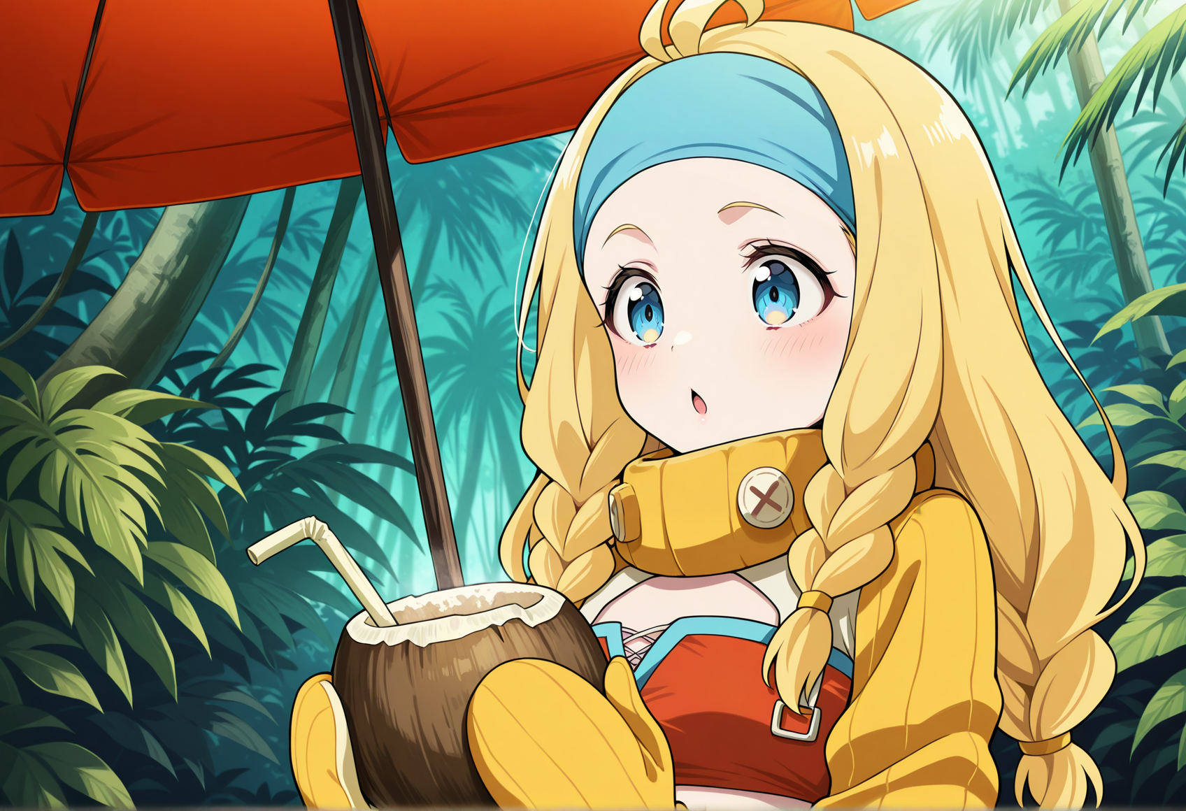 close-up, anime screencap, anime screenshot, anime coloring, 1girl, long hair, blonde hair, braid, multiple braids, blue eyes, ahoge, hairband, high collar, detached sleeves, mittens, tube top, upper body, smile, holding drink, coconut cup, drink umbrella, outdoors, jungle, chestnut mouth <lora:little_miss_forge_mh_illus:1>, masterpiece, best quality, amazing quality, very aesthetic, absurdres, highres, newest
