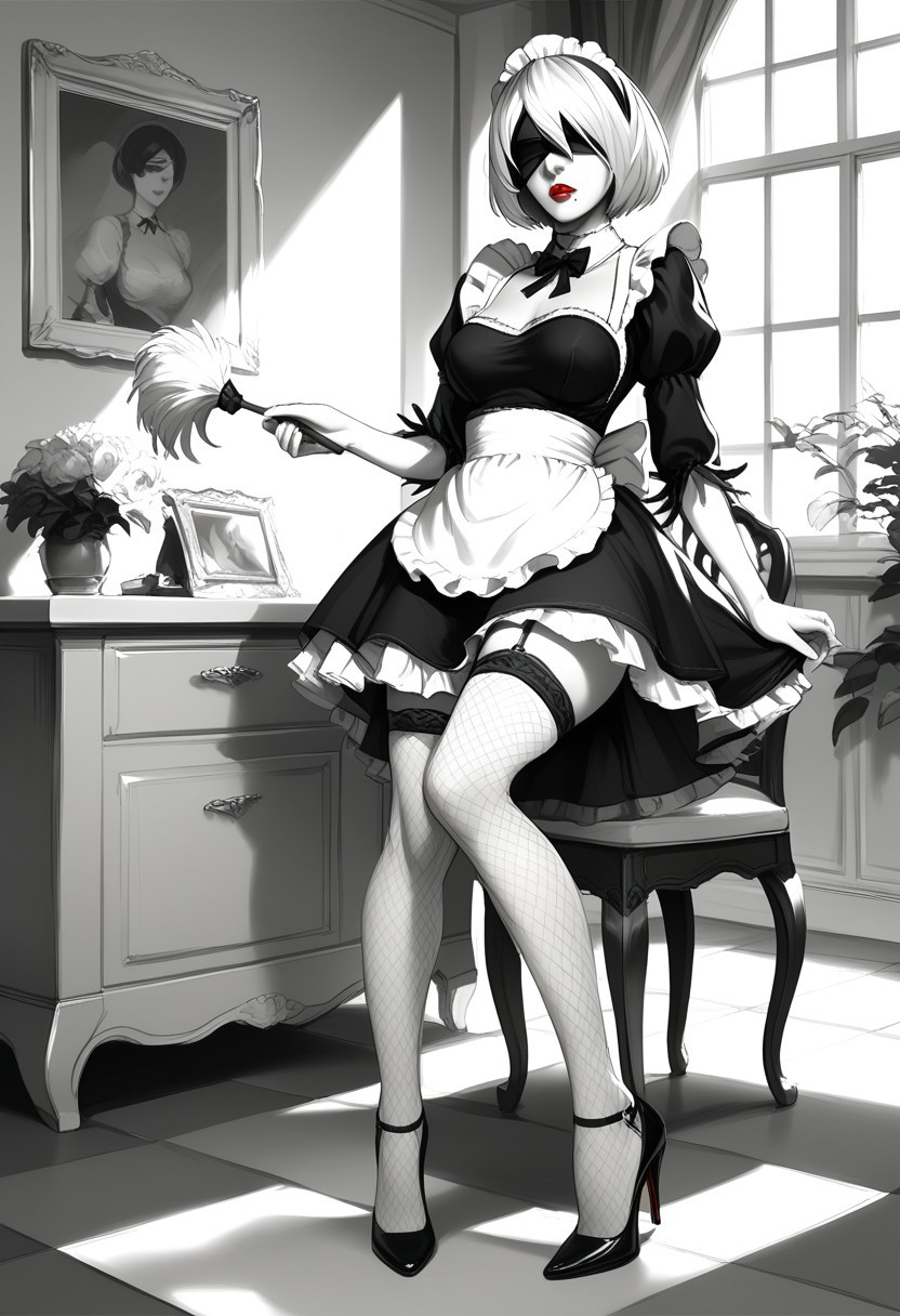 reij-bnwrt, black and white, manga art style, greyscale, monochrome, (drawn:1.1), (sketch:1.5), (crosshatching:1.25), score_9, score_8_up, score_7_up, masterpiece, best quality, absurdres, highly detailed, three-quarter view, legs focus, 
BREAK 
1girl, solo, Jedtwb, 2b, Nierautomata, short white hair, black blindfold, Jed-frmd, French Maid, a short, frilly black dress with white apron, fishnet stockings, (Louboutins:1.5), (matte red lips:1.5), (skindentation:1.2), holding feather duster, (leaning forward:0.8), 
BREAK 
indoors, luxurious mansion, grand dining room, ornate, rich, whatever luxury stuffs