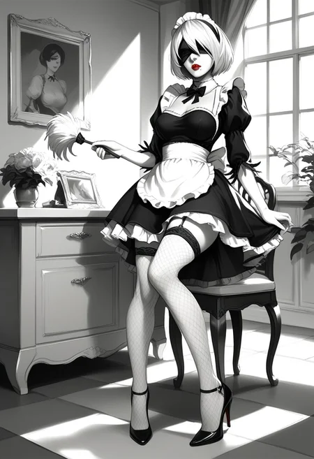 reij-bnwrt, black and white, manga art style, greyscale, monochrome, (drawn:1.1), (sketch:1.5), (crosshatching:1.25), score_9, score_8_up, score_7_up, masterpiece, best quality, absurdres, highly detailed, three-quarter view, legs focus,
BREAK
1girl, solo, Jedtwb, 2b, Nierautomata, short white hair, black blindfold, Jed-frmd, French Maid, a short, frilly black dress with white apron, fishnet stockings, (Louboutins:1.5), (matte red lips:1.5), (skindentation:1.2), holding feather duster, (leaning forward:0.8),
BREAK
indoors, luxurious mansion, grand dining room, ornate, rich, whatever luxury stuffs