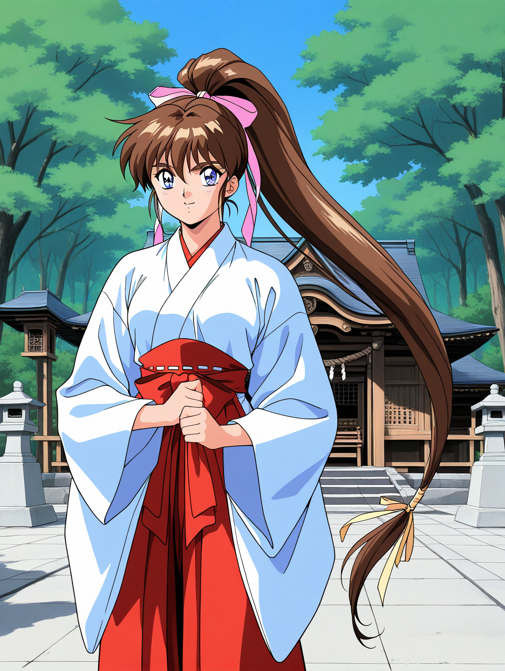 general,highres, ultra-detailed,very aesthetic,best quality ,best hands,  BREAK <lora:Amatsu_Ai_IS:1>Amatsu_Ai, brown hair, ponytail, very long hair, ribbon, hair ribbon, hair bow, breasts, blue eyes, bangs, purple eyes, high ponytail, 1990s \(style\),anime coloring, BREAK, 
miko, japanese clothes, skirt, hakama, red hakama, hakama skirt, long sleeves, day, outdoors, wide sleeves, shrine, tabi, standing, cowboy_Shot, tree,