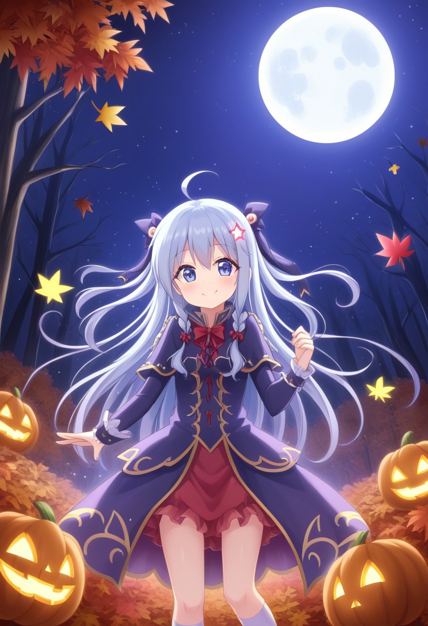 masterpiece, highest quality, (cute girl:1.3) in a (colorful:1.2) Halloween costume, (smiling:1.1), surrounded by (glowing jack-o'-lanterns:1.2), (full moon:1.1), whimsical, playful, autumn leaves, (sparkling:1.0) stars, enchanting forest background, (soft lighting:1.2), by (Tim Walker:1.4), vibrant colors, dreamy atmosphere.