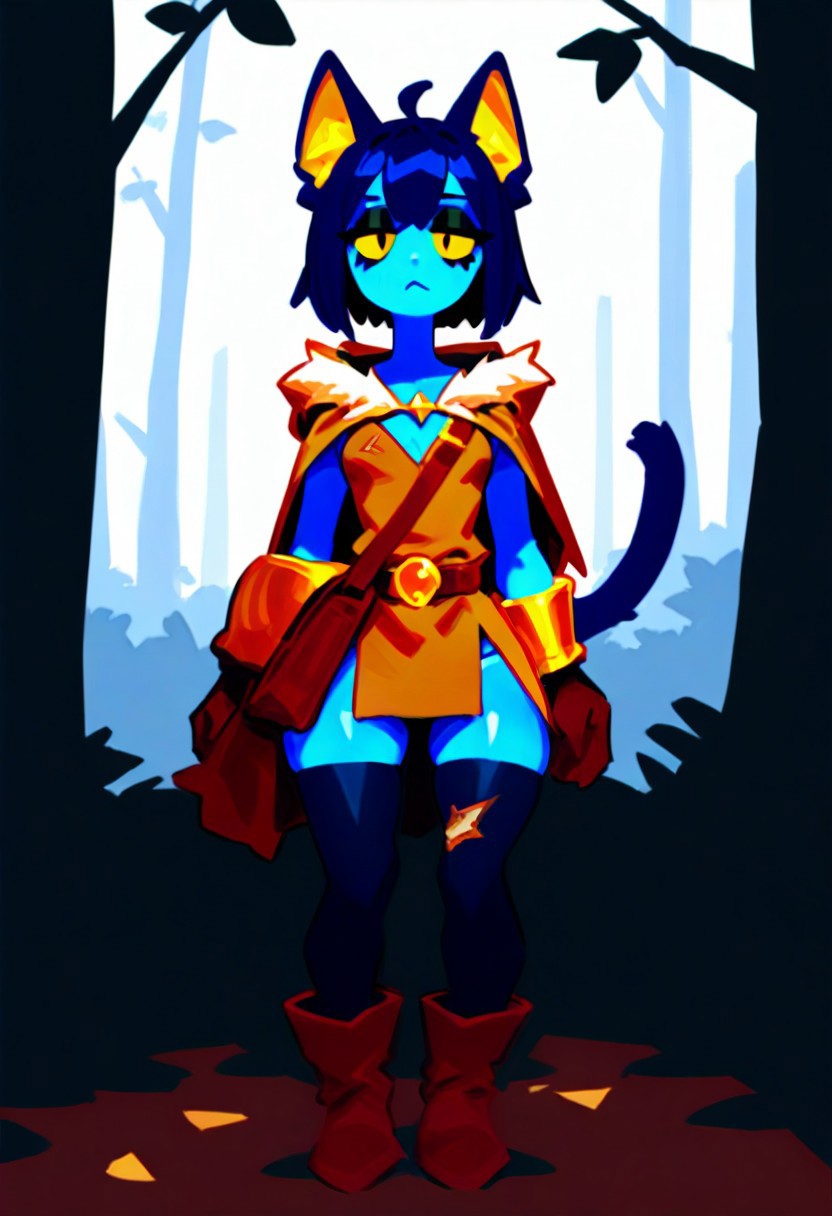 <lora:AshFondue_Illustrious_v8:0.9>, no lineart, 
blue cat ears, blue cat tail, (blue skin: 1.4), colored skin, yellow eyes, cat pupils, dark blue hair, medium hair, bobcut, doll joints, bored, jitome, black eyeshadow, flat breasts, medium hips, short, dark blue ears, dark blue tail, gold inner ear, gold details,  thief cloak, fur trim, long sleeve tunic, belt, purse, black leggings, boots, long gloves, long boots, skirt, dirty clothes, dark clothing, brown and black clothes, thick clothes, bracers, rogue, thief, fantasy, woods, hood down, thick gloves, gold forearm bracers,
BREAK masterpiece, best quality, detailed background,