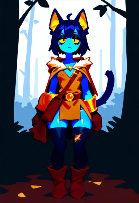 <lora:AshFondue_Illustrious_v8:0.9>, no lineart, 
blue cat ears, blue cat tail, (blue skin: 1.4), colored skin, yellow eyes, cat pupils, dark blue hair, medium hair, bobcut, doll joints, bored, jitome, black eyeshadow, flat breasts, medium hips, short, dark blue ears, dark blue tail, gold inner ear, gold details,  thief cloak, fur trim, long sleeve tunic, belt, purse, black leggings, boots, long gloves, long boots, skirt, dirty clothes, dark clothing, brown and black clothes, thick clothes, bracers, rogue, thief, fantasy, woods, hood down, thick gloves, gold forearm bracers,
BREAK masterpiece, best quality, detailed background,