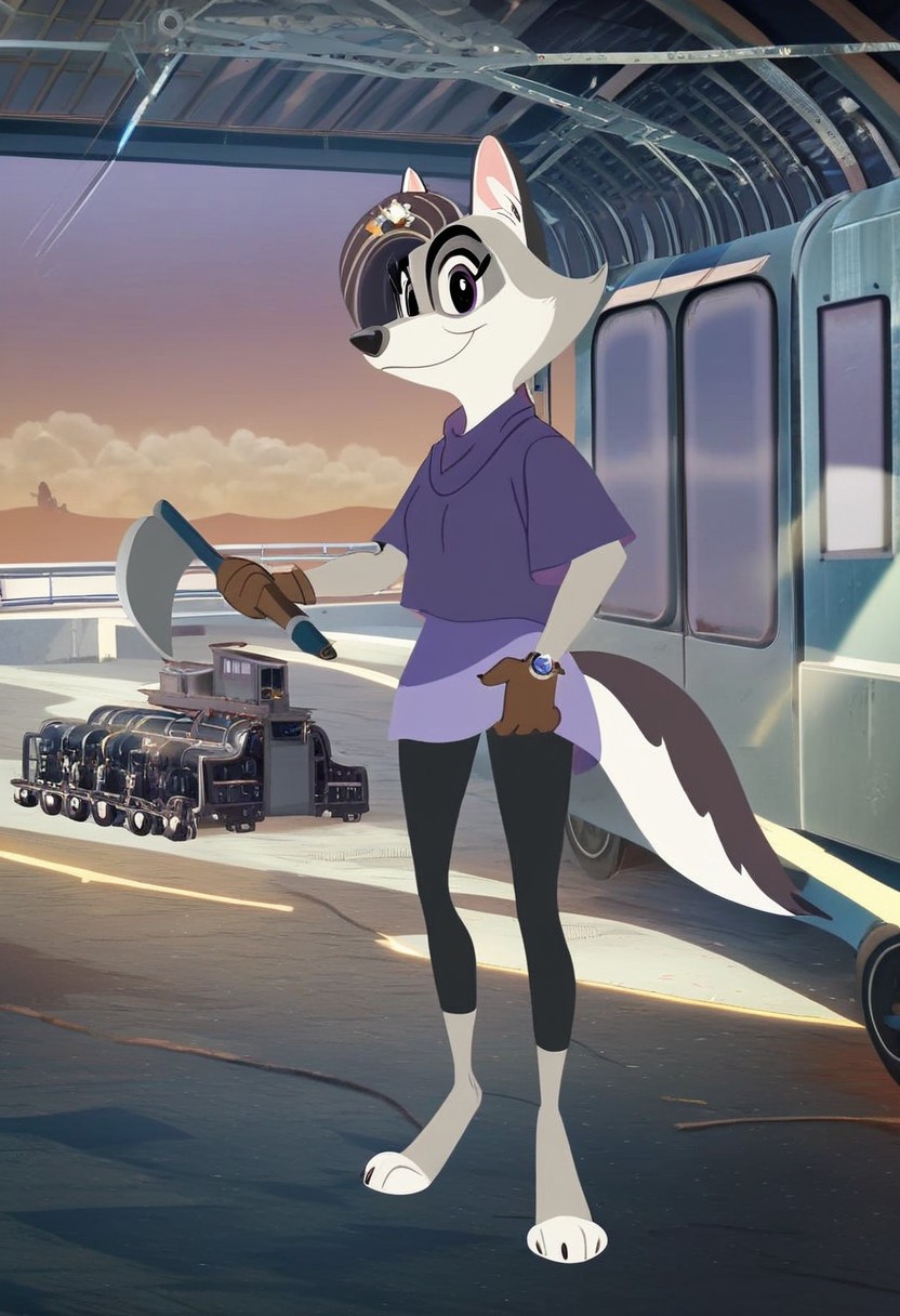 score_9,score_8,score_7,source_furry,
v10l3tw0lf,
furry female, violet_wolf, violet_wolf_great_wolf_lodge, wolf girl, female, 1girl, solo, tail, animal ears, furry, claws, looking at viewer, purple eyes, locomotive cab, locomotive cab background, short sleeves, multicolored hair, body fur, artist name, barefoot, purple shirt, official art, official style,
Stable_Yogis_PDXL_Positives, engineer, engineer hat, hat, holding a shovel, brown gloves, gloves, smile, bandana, bandana on neck, train, locomotive, indoor,
