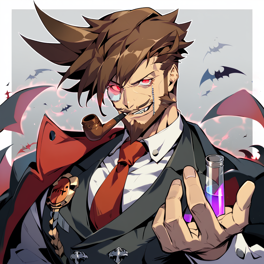 1boy, male focus, Slayer, guilty gear, score_9, score_8_up, score_7_up, score_6_up,  <lora:Slayer_from_Guilty_Gear:1>, solo, brown hair, smoking pipe, monocle, facial hair, mature male, vampire, smirk, tie, looking at viewer, toned, athletic, fit, fang, pipe, short hair, slicked to the side hair, mustache, male focus, best quality, amazing quality, best aesthetic, absurdres, smirk, evil smile, red eyes, glowing eyes, cocky, haughty, defiant, <lora:aesthetic_anime_v1s:0.4>, <lora:xl_more_art-full_v1:0.5> <lora:EpicF4nta5yXL:0.5>, (Holding a wicked-looking vial with an aura of malevolence), (waistcoat),