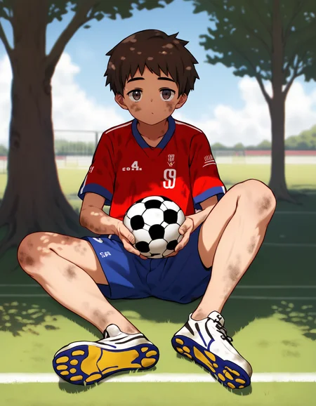 score_9, score_8_up, score_7_up, score_6_up, source_anime, outdoors, field, tree, dappled sunlight, foreshortening, 1boy, solo, young, sitting, soccer uniform, shorts, dirty, cleats, looking at viewer, holding soccer ball <lora:modokie-amxl-v1-ShoAI:1>
