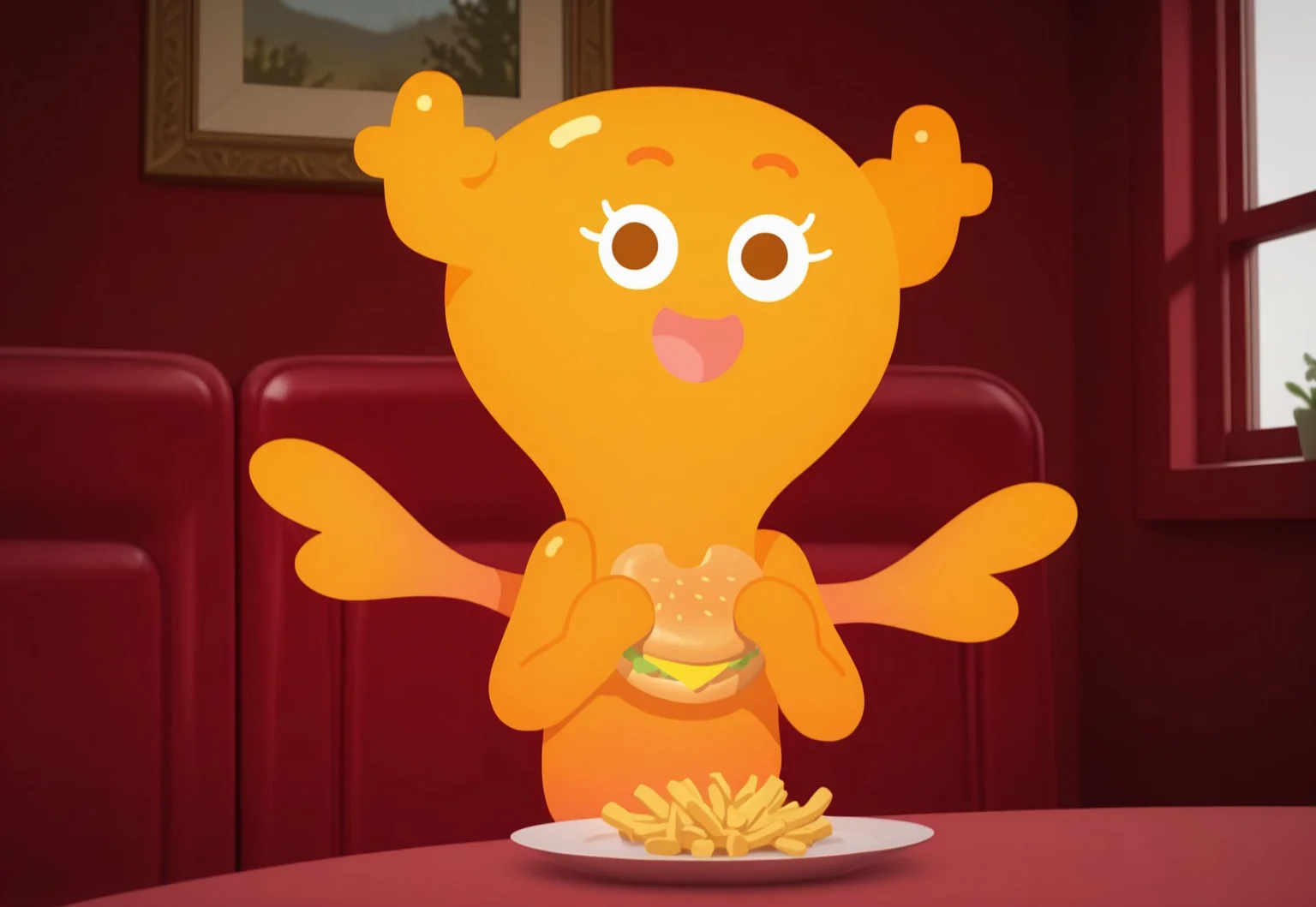 uncensored, masterpiece, best quality, highly detailed, realistic, 1girl, solo, PenFGB, female humanoid, fairy, antlers, orange eyebrows, white eyelashes, dark-orange eyes, yellow skin, multicolored skin, small wings, smile, open mouth, tongue, looking at viewer, sitting, table, red booth, window, (front view), detailed background, (holding cheeseburger), plate, fries,