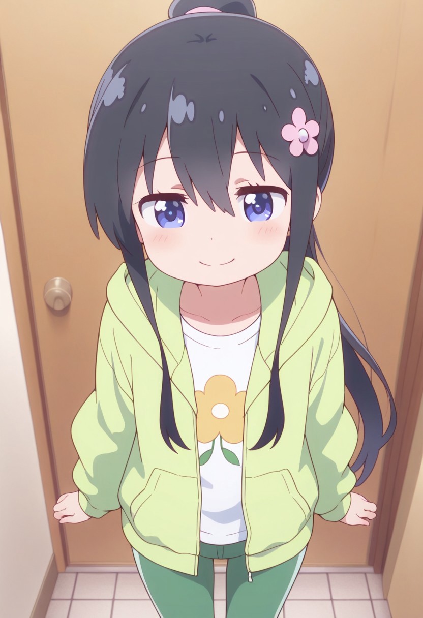masterpiece,best quality,amazing quality, shirosaki hana, long hair, black hair, blue eyes, 1girl, solo, smile, jacket, hair flower, flower, pants, hood, ponytail, closed mouth, hair ornament, green pants, hooded jacket, shirt