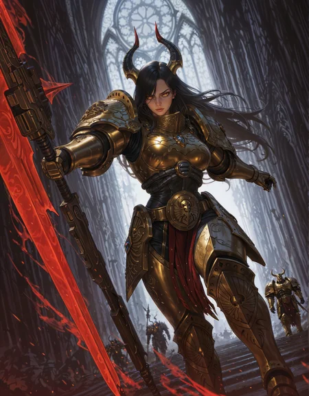 masterpiece, best quality,high quality, newest, highres,8K,HDR,absurdres, dynamic angle, realistic, 1girl, iLLCustodes40k, power armor, golden armor, long hair, horns, weapon, glowing eyes, dark fantasy, holding spear, floating, ethereal aura, armored gauntlets, golden ornaments, looking at viewer, battle stance, supernatural energy, shadowy background, gothic architecture, dynamic pose, dramatic lighting, detailed background, depth of field, dynamic composition, foreshortening, detailed background, dynamic pose, dynamic composition,dutch angle, detailed backgroud,foreshortening,blurry edges <lora:iLLCustodes40k:1>