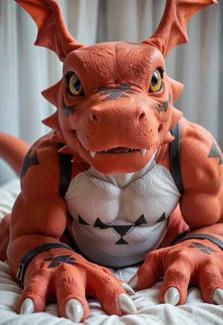 score_9, score_8_up, score_7_up, score_6_up, guilmon, digimon, furry, scalie, red scales, detailed scales, yellow eyes, realistic