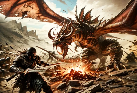 DIMStyle, (zoomed out), black knight fighting a giant dragon, epic fantasy battle, dramatic feel, high detail, high definition, sharp focus, best quality, score_9, score_8_up, score_7_up