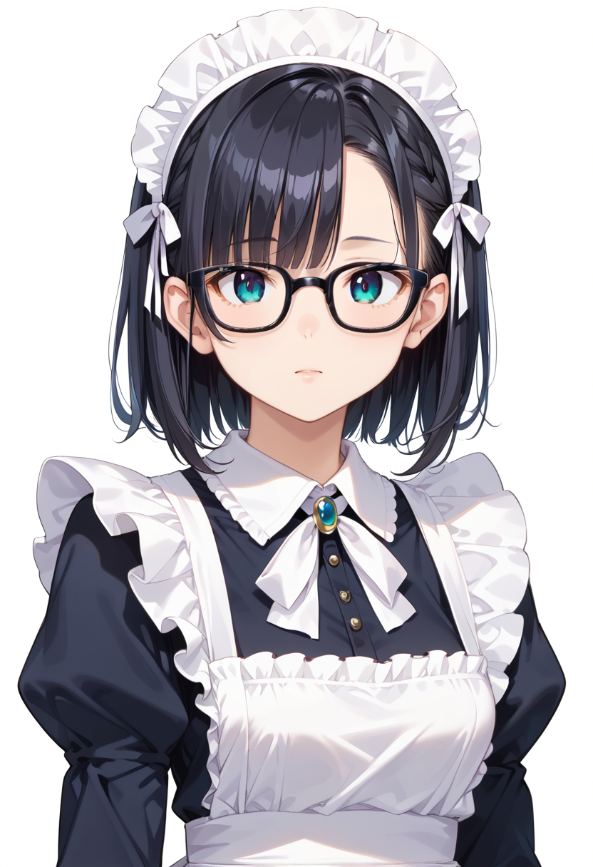 score_9, score_8_up, score_7_up, rating_safe, masterpiece, best quality, absurdres, unity 8k wallpaper, official art, official style, source_anime, uncensored, game cg, megami magazine,
1girl, solo, black hair, medium hair, upper body, covered eyes,maid, maid headdress, black dress, maid apron, face focus,
Wellington22A, glasses, white background, simple background, black-framed eyewear
 <lora:glasses_Wellington22A1_PONY_V1:1>