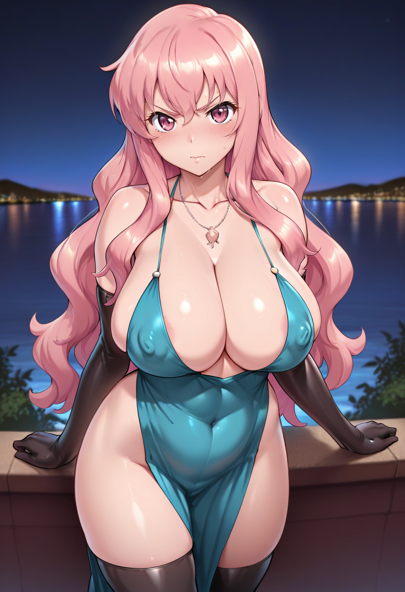 masterpiece, best quality,
  <lora:Nanabe_78:1> N4n4b378,  1girl, solo, standing, looking at viewer, blush, louise francoise le blanc de la valliere, pink hair, huge breasts, cocktail dress, revealing clothes, cleavage, collarbone, necklace, elbow gloves, thighhighs, covered nipples, outdoors, night,