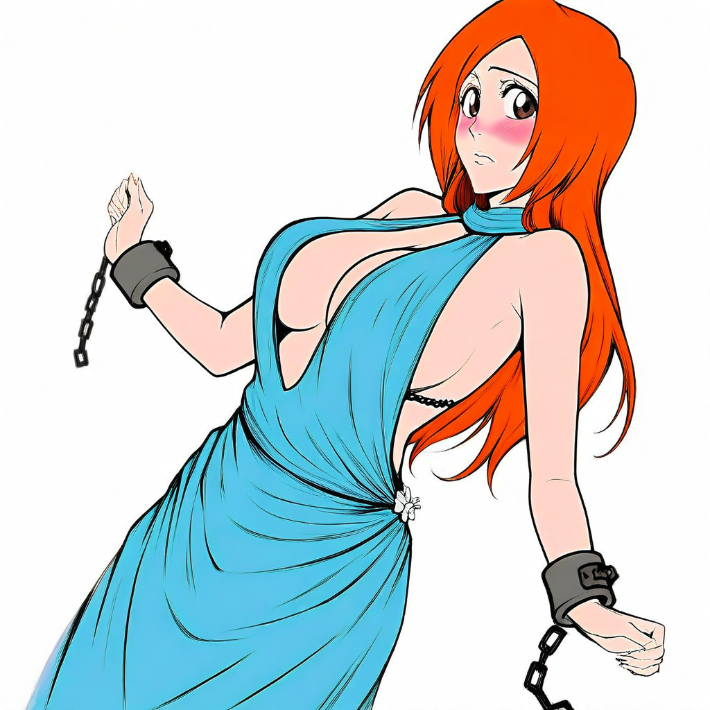 (Anime lineart, ), masterpiece, anime wallpaper, CG, official art, porn quality, highest quality anime, hentai art, anime lineart, illustration, best quality, absurdres, highres, Female character standing against a white background, solo,highres, realistic skin texture, flexible pose,<lora:hyperSD8:1>, ((bleach anime, anime style:0.3), 1girl, (inoue orihime\(Bleach\)) ((orange hair)), (brown eyes), (AK05EV3N1NGDR3S5:1.2), breasts, anime screencap  adult female, head tilt, blush, blushing, Evening dress, backless dress, backless outfit, bare shoulders, blue dress, dress, sideless dress, sidless outfit, sleeveless, sleeveless dress, cuffs, shackles, Cosplay, cowboy shot, dutch angle,  Simple background, white background