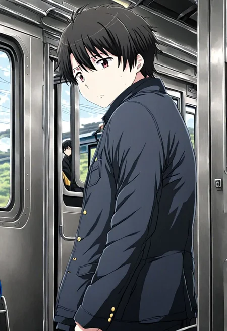 high resolution, solo, best quality, 1Boy, Inaho Kaizuka, Black Hair, train, inside train, OverallDetail