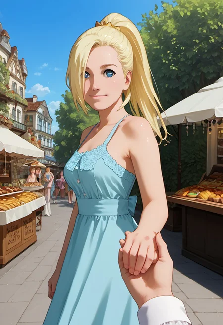 1girl, solo, score_9_up, score_8_up, score_7_up, score_6_up, cute face, detailed and beautiful face, detailed and beautiful eyes, cute girl, inoYamanakaPDXL, blonde, ponytail, blue eyes, medium breasts, sundress, walking in a marketplace, many food stalls, looking at the viewer, detailed, intricate details, realistic, FaceDetail, stunning, masterpiece, side view, smiling, closed mouth, holding hands, solo focus, pov hands, out of frame