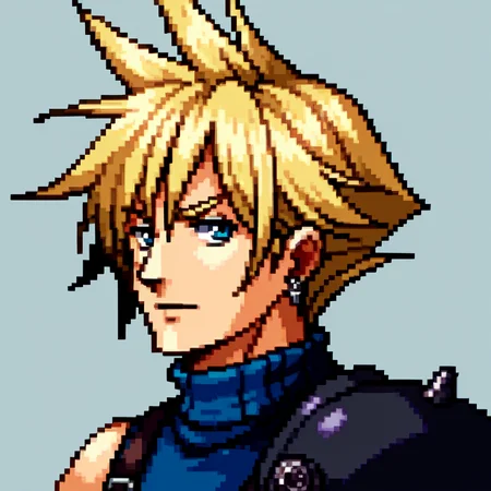 score_9, score_8_up, score_7_up, source_anime, BREAK, solo, 1boy, looking at viewer, <lora:P1-Portraits-pdxl_Fp:1>, portrait, simple background, pixel art, <lora:cloudstrife-pdxl-nvwls-v1:0.8>, defCloud, blonde hair, single earring, suspenders, shoulder armor, sleeveless turtleneck, blue shirt