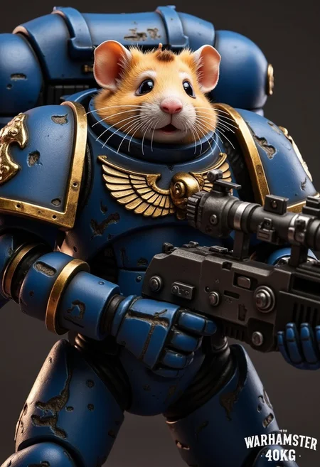 An Ultramarine torso clad in majestic, battle-scarred blue power armor, featuring the iconic gold Aquila and Ultramarines insignia, paired with massive pauldrons and intricate details. His head is that of a photorealistic (hamster:1.1) with detailed fur, whiskers and large beady black eyes. It contrasts absurdly with the seriousness of the armor. In his oversized armored gauntlets, he clutches a massive, futuristic rifle that's comically too serious for his cheerful demeanor.
At the bottom of the image, there is a text that says "WARHAMSTER 40KG" in the usual warhammer 40k logo