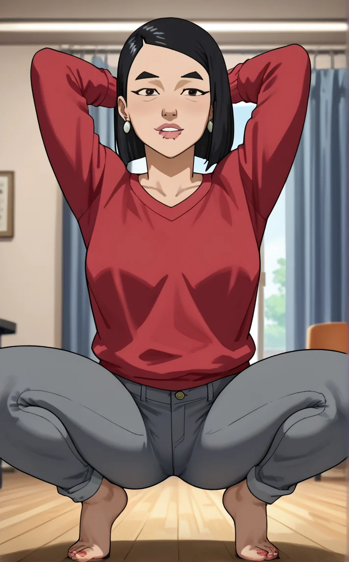 score_9, score_8_up, score_7_up, absurdres,full body, squatting, tiptoes, spread legs, arms behind head, biting own lip, stage, stage lights, stage curtains, money, falling money, indoors, depth of field, solo, <lora:PONYXL_Invincible_DebbieGrayson_ownwaifu:1>, BREAK RedShirt_DebbieGrayson_ownwaifu, 1girl, asian, black eyes, black hair, lips, long sleeves, mature female, nose, red shirt, thick eyebrows, v-neck, jewelry, earrings, medium hair, sweater, breasts, grey pants, bob cut, jeans, lipstick, pink lips, red sweater, stud earrings, <lora:add-detail-xl:0.15>,