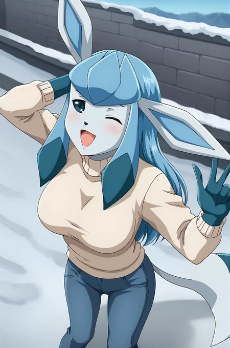 score_9, score_8_up, score_7_up, source anime, anime, animification, anime screencap, anime coloring, vivid colors, shiny skin, skindentation, deep skin, depth of field, high quality, highres, (dynamic angle,dynamic pose),
glaceonbf1, 1girl, solo, long hair, looking at viewer, blush, open mouth, smile,blue eyes, large breasts, outdoors, snow, animal ears, medium breasts, coat, blue hair, tail, sidelocks, jeans, one eye closed, standing, colored skin, furry, colored sclera, sky, blue skin, furry female, body fur, white eyes, blue fur, furrification, blue sclera, glaceon, pokemon \(creature\), fur trim, white sweater, v
BREAK
masterpiece,high quality
<lora:Glaceon_bbmbbf_v1:0.9>