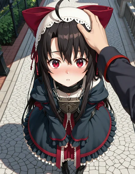 1girl,
very awa, red eyes, black hair, long hair, very long hair, ahoge, daliandress, padlock, collar, metal collar, chain, black dress, headdress, long sleeves, hair bow, large bow, red bow, armored boots, frills, outdoors, standing, upper body, headpat, blush, pov, surprised, parted lips, shy, solo focus, dress, lock, bow, pov hands, boots, goth fashion, full-face blush, armor, looking at viewer,
masterpiece, best quality, newest, highres, absurdres, sensitive
<lora:NoobV065sHyperDmd:1> <lora:NovelDalian_IXL:1>