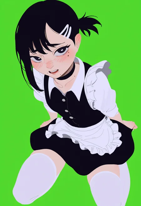 score_9, score_8_up, score_7_up, score_6_up, score_5_up, score_4_up, BREAK
flat color, no lineart, 1girl, mole, solo, thighhighs, black hair, mole under eye, mole under mouth, simple background, black eyes, white thighhighs, maid, green background, choker, skirt, looking at viewer, black choker, blush, short hair, bangs, higashiyama kobeni,