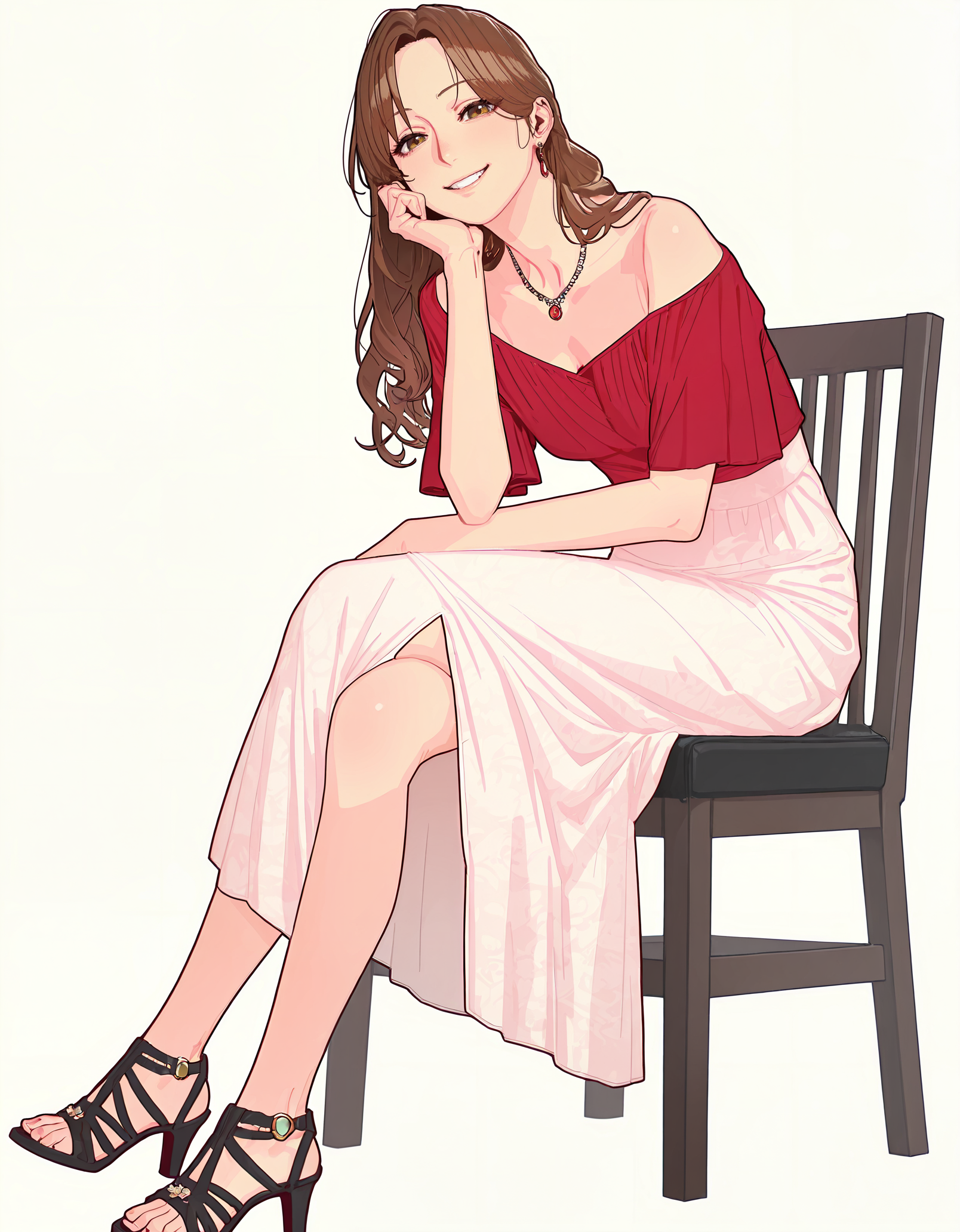 masterpiece, best quality,high quality, newest, highres,absurdres,<lora:Zinc_Park_style:1>, Zinc_Park_illu, 1girl, solo, brown hair, sitting, chair, high heels, smile, long hair, full body, looking at viewer, dress, jewelry, simple background, sandals, necklace, red shirt, off shoulder, shirt, crossed legs, parted bangs
