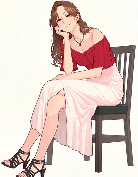 masterpiece, best quality,high quality, newest, highres,absurdres,<lora:Zinc_Park_style:1>, Zinc_Park_illu, 1girl, solo, brown hair, sitting, chair, high heels, smile, long hair, full body, looking at viewer, dress, jewelry, simple background, sandals, necklace, red shirt, off shoulder, shirt, crossed legs, parted bangs