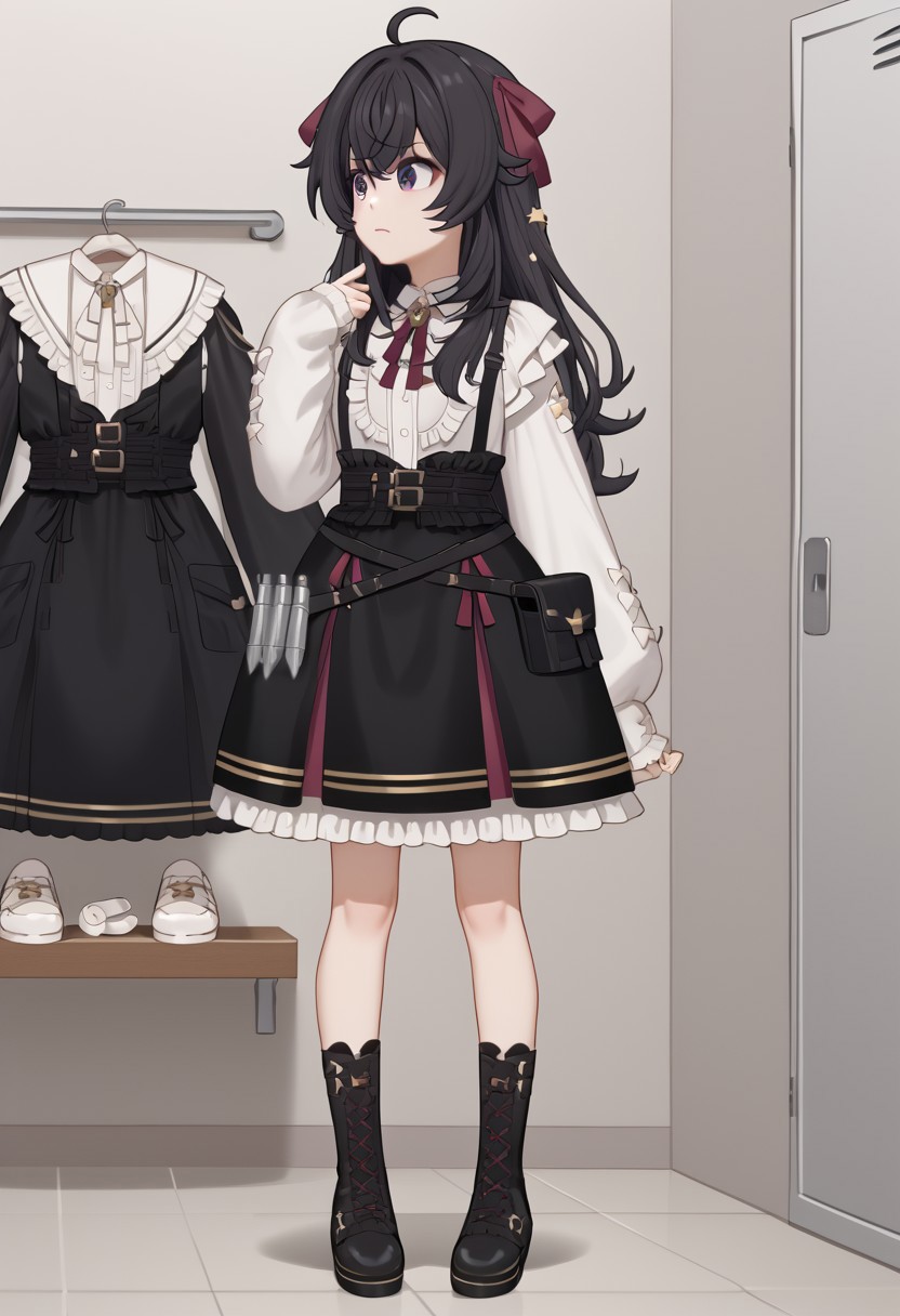 1girl, solo, highres, Shipkin_Shippa, bangs, ahoge, hair bow, hair between eyes, long sidelocks, long hair, star (symbol), star hair ornament, white shirt, collared shirt, frilled shirt, frilled shirt collar, sleeves past wrists, puffy long sleeves, bow, belt, center frills, suspenders, center frills, frilled dress, high-waist skirt, suspender skirt, lace-up boots, cross-laced footwear, ShippaDark, purple eyes, black hair, black footwear, black dress, changing room, mirror, adjusting clothes, from side, looking to the side