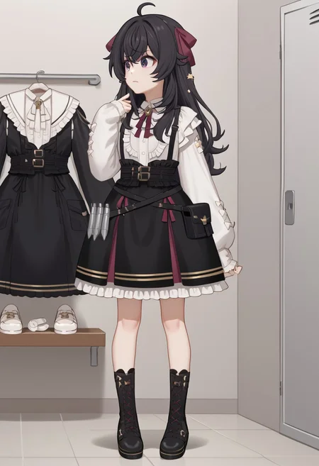 1girl, solo, highres, Shipkin_Shippa, bangs, ahoge, hair bow, hair between eyes, long sidelocks, long hair, star (symbol), star hair ornament, white shirt, collared shirt, frilled shirt, frilled shirt collar, sleeves past wrists, puffy long sleeves, bow, belt, center frills, suspenders, center frills, frilled dress, high-waist skirt, suspender skirt, lace-up boots, cross-laced footwear, ShippaDark, purple eyes, black hair, black footwear, black dress, changing room, mirror, adjusting clothes, from side, looking to the side