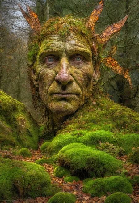 was a solitary male fairy. He was kind and reticent, yet sometimes wild in character. He had a gentle devotion to children. Dark-haired and clothed in leaves and moss, he lived in a birch wood within the Gairloch and Loch a Druing area of the north-west Highlands of Scotland. , 8k, hdr, hyperrealistic, intricate abstract, intricate details, masterpiece, ethereal light