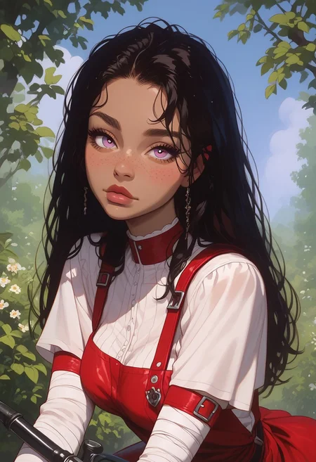 ((Score_9_up, Score_8_up, Score_7_up), (Masterpiece, Best quality, High Resolution, skindentation, Extremely Detailed, Semi realism)),
1 Girl, Cute younger face, Detailed Lustful Pink eyes, (Straight and silky long black hair), Detailed hair strands, Detailed iris, Round and seductive face, Juicy lips with red gloss, Medium breasts with natural sag, Riding a motorbike, (Red Overalls), Freckles, Detailed bike, (Cute red summer dress with intricated design), Detailed face, Sexy brown skin, extremely pretty under the sunlight