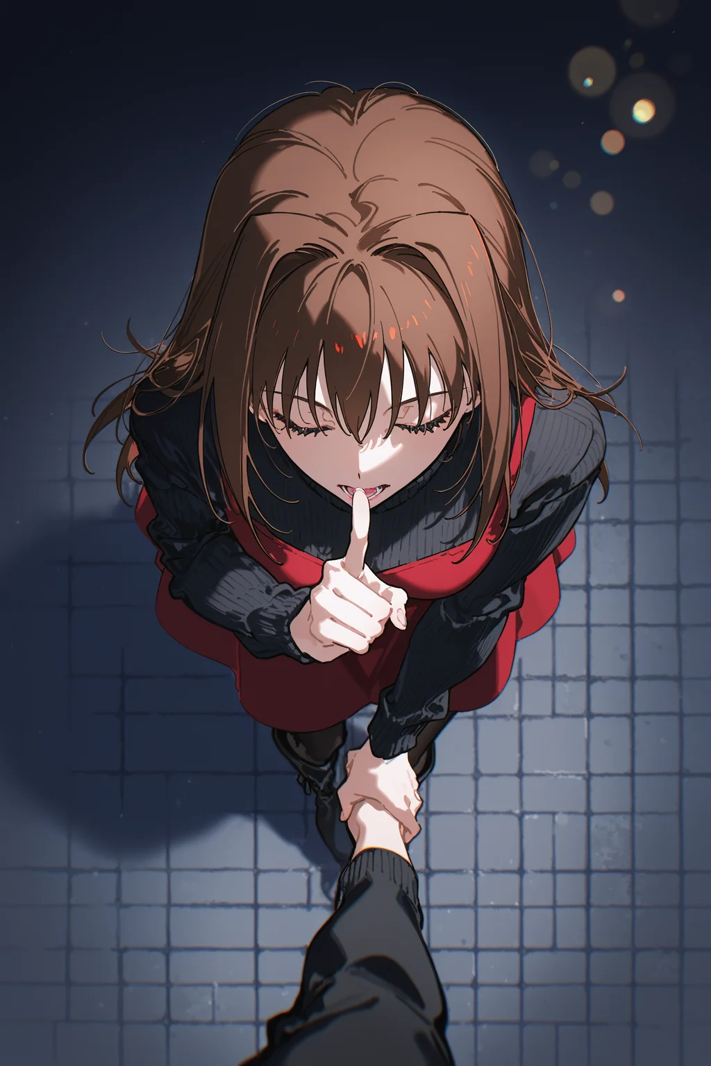 masterpiece, best quality, absurdres, safe
1girl, solo, [  : aozaki aoko, closed eyes, red dress,  : 0.1], from above, perspective, simple background, 
turtleneck sweater, black sweater,
(close-up:1.2), [:open mouth:0.3]
brick floor, [:boots, black pantyhose, :0.3]
[:(pink lips:0.9) (light smile:0.6):0.3]
standing, [:leaning forward, :0.2]
index finger raised,  [ finger to mouth,  ::0.1] 
brown hair, [ : [ holding hands, handshake, : :0.6] : 0.2]
[snowing:(bokeh:1.5):0.3], dark background, night,
[grey theme::0.3] [dappled sunlight: :0.2],
chromatic aberration, film grain,
artist:konya karasue,
artist:yoneyama mai,
artist:rella,
<lora:from_above_il_4_v1_d16_final:1>