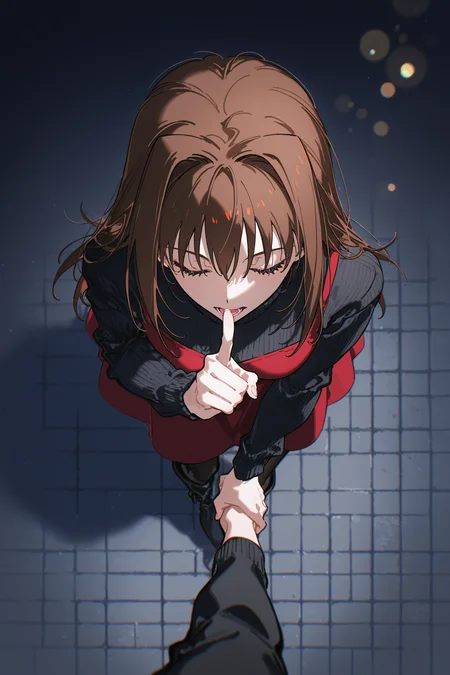 masterpiece, best quality, absurdres, safe
1girl, solo, [  : aozaki aoko, closed eyes, red dress,  : 0.1], from above, perspective, simple background, 
turtleneck sweater, black sweater,
(close-up:1.2), [:open mouth:0.3]
brick floor, [:boots, black pantyhose, :0.3]
[:(pink lips:0.9) (light smile:0.6):0.3]
standing, [:leaning forward, :0.2]
index finger raised,  [ finger to mouth,  ::0.1] 
brown hair, [ : [ holding hands, handshake, : :0.6] : 0.2]
[snowing:(bokeh:1.5):0.3], dark background, night,
[grey theme::0.3] [dappled sunlight: :0.2],
chromatic aberration, film grain,
artist:konya karasue,
artist:yoneyama mai,
artist:rella,
<lora:from_above_il_4_v1_d16_final:1>