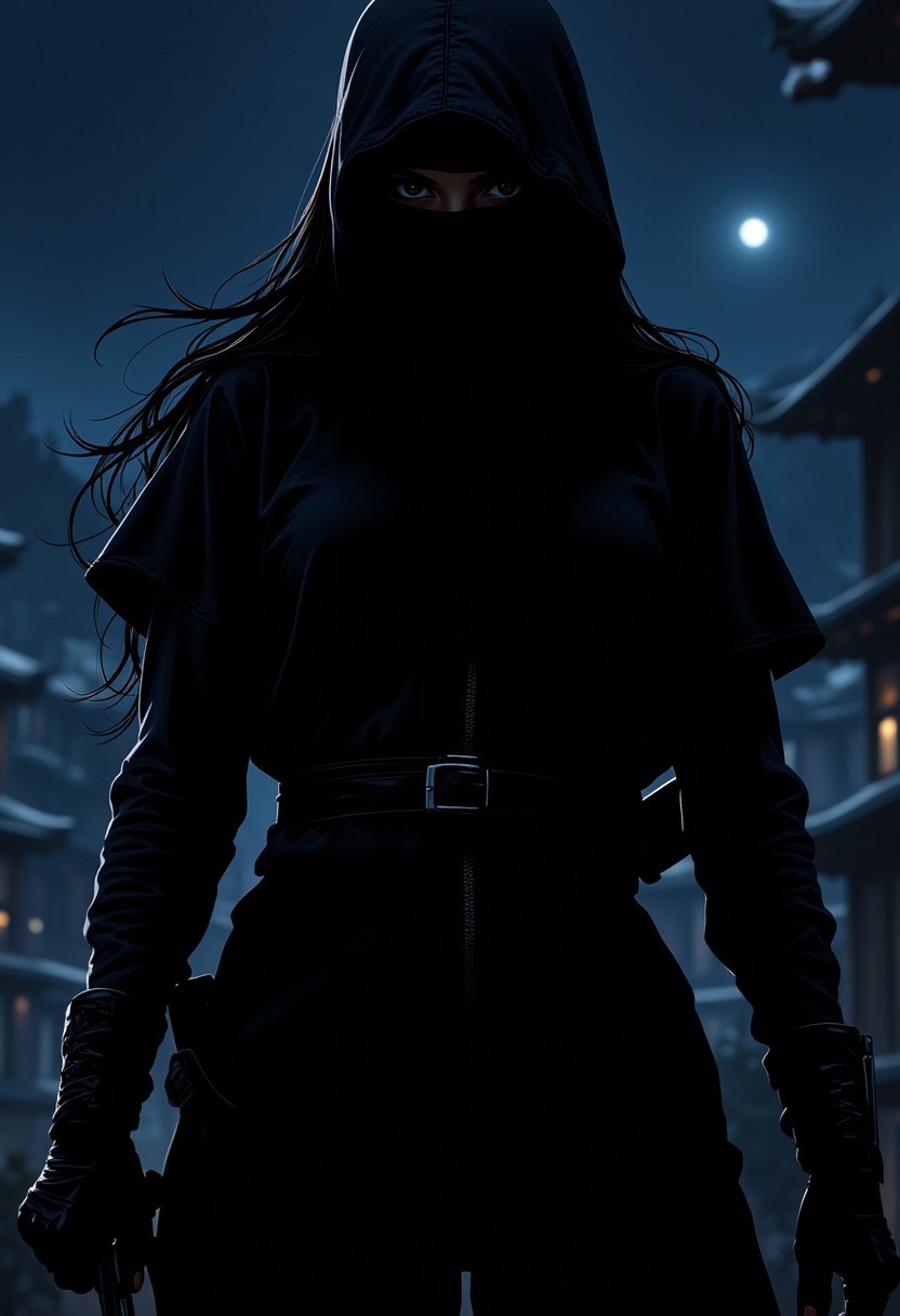 Stunning illustration of Japanese female ninja, silhouetted against the night sky, chiascuro, directional lighting, closeup portrait
