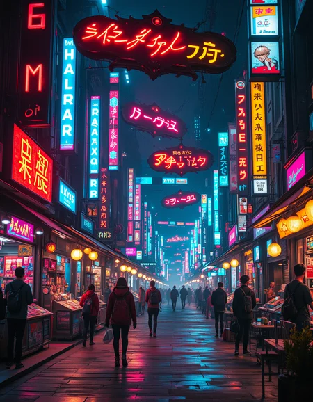 Imagine an image of a bustling cyberpunk marketplace filled with colorful neon signs, vendors, and futuristic technology.
